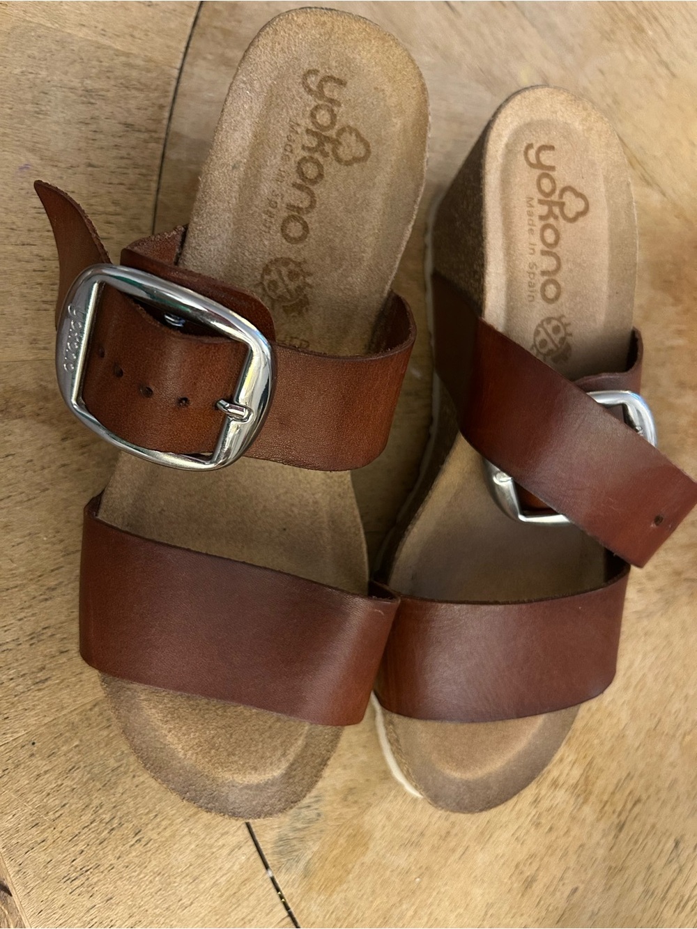 Yokono Brown Leather Cork Wedge Sandals